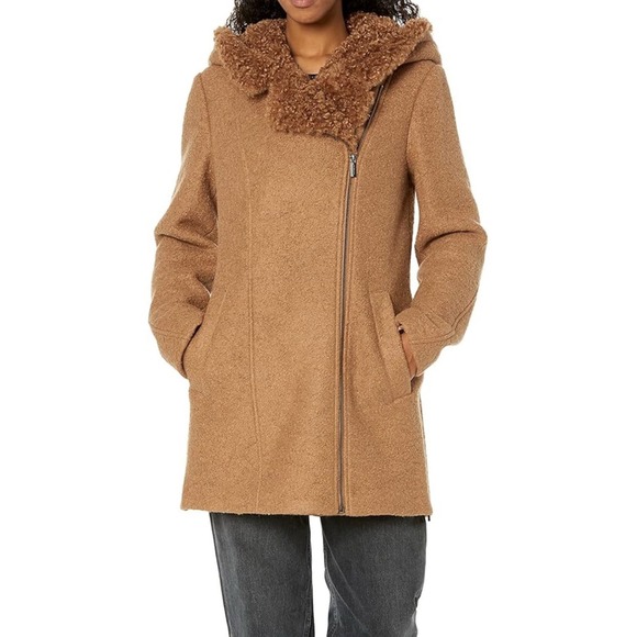 Kenneth Cole‎ Jacket Women's M Brown Sherpa Trim Asymmetrical